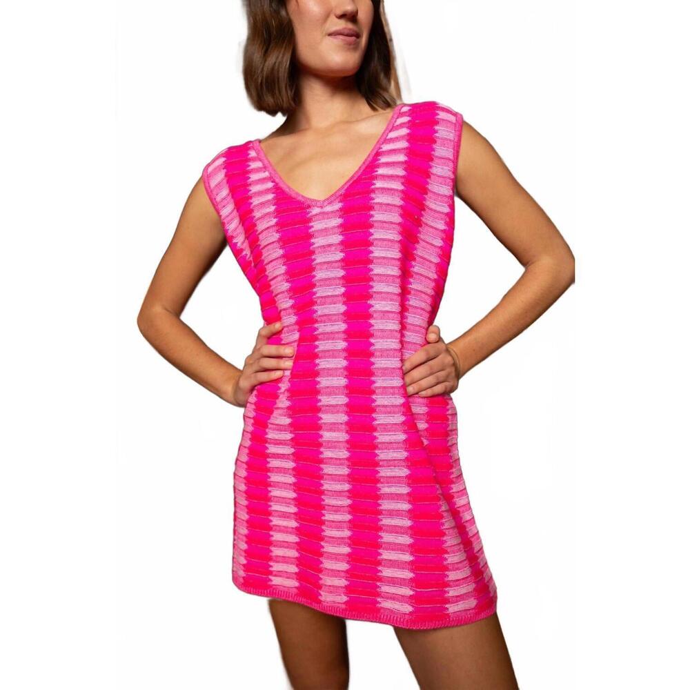 Rhowe by Anna Cate V-Neck Striped Knit Mini Dress in Hot Pink